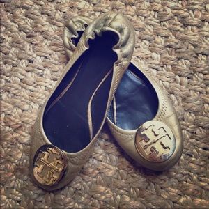 Tory Burch gold flats scrunch back